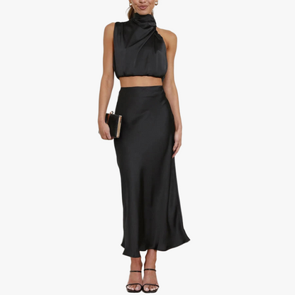Cropped Halterneck Kjolesæt - Satin Maxi Skørt