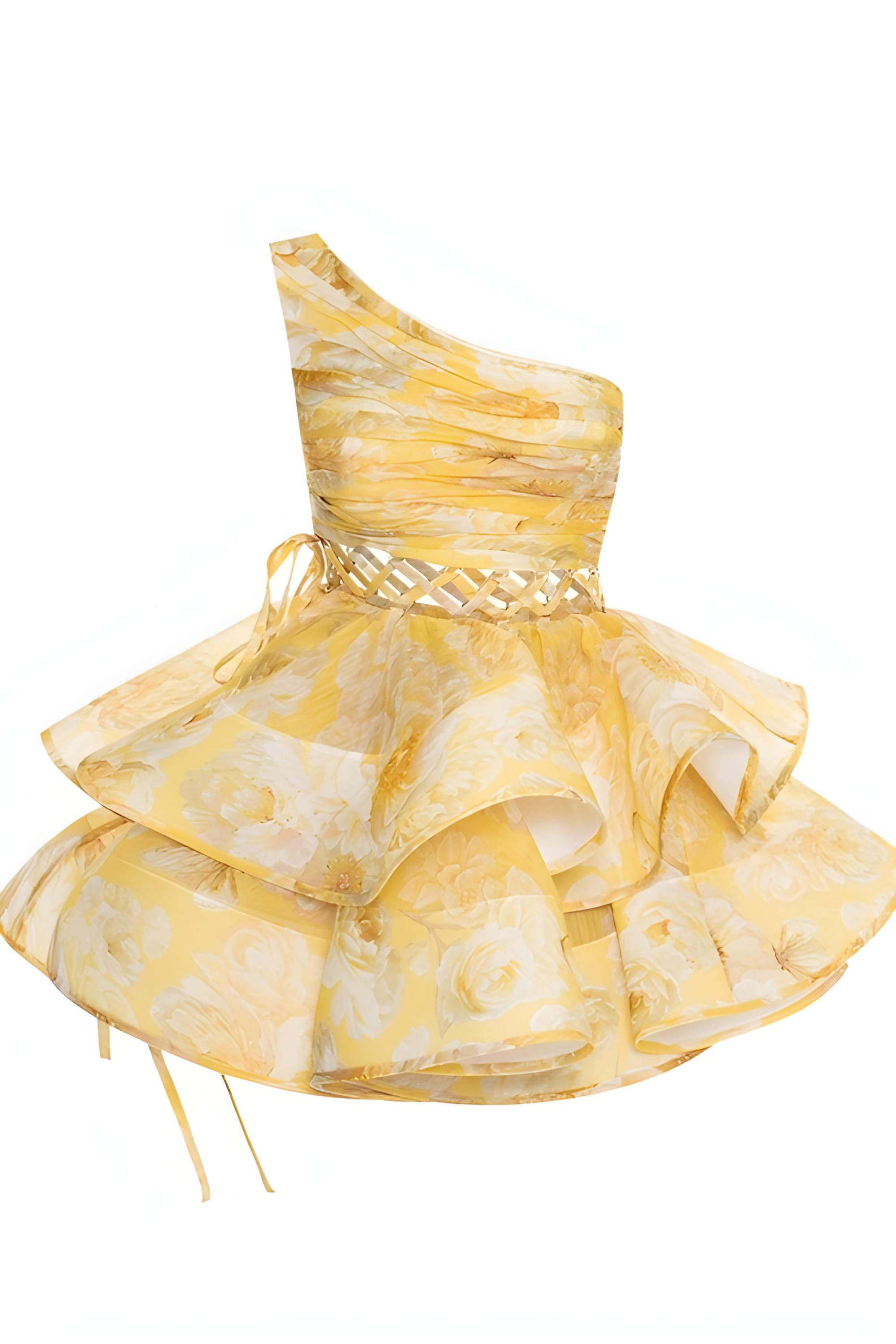 Damekjole One-Shoulder – Blomstret Flæseskørt, Asymmetrisk Kant-83680-6512d558-4e0f-47b9-9525-ea5eac572901