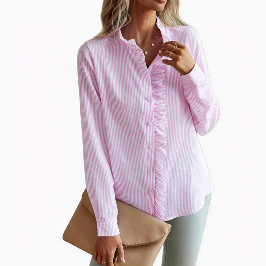 Elegant Stribet Bluse med Flæsedetaljer