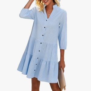 Gingham Kjole med V-Hals og Knapper
