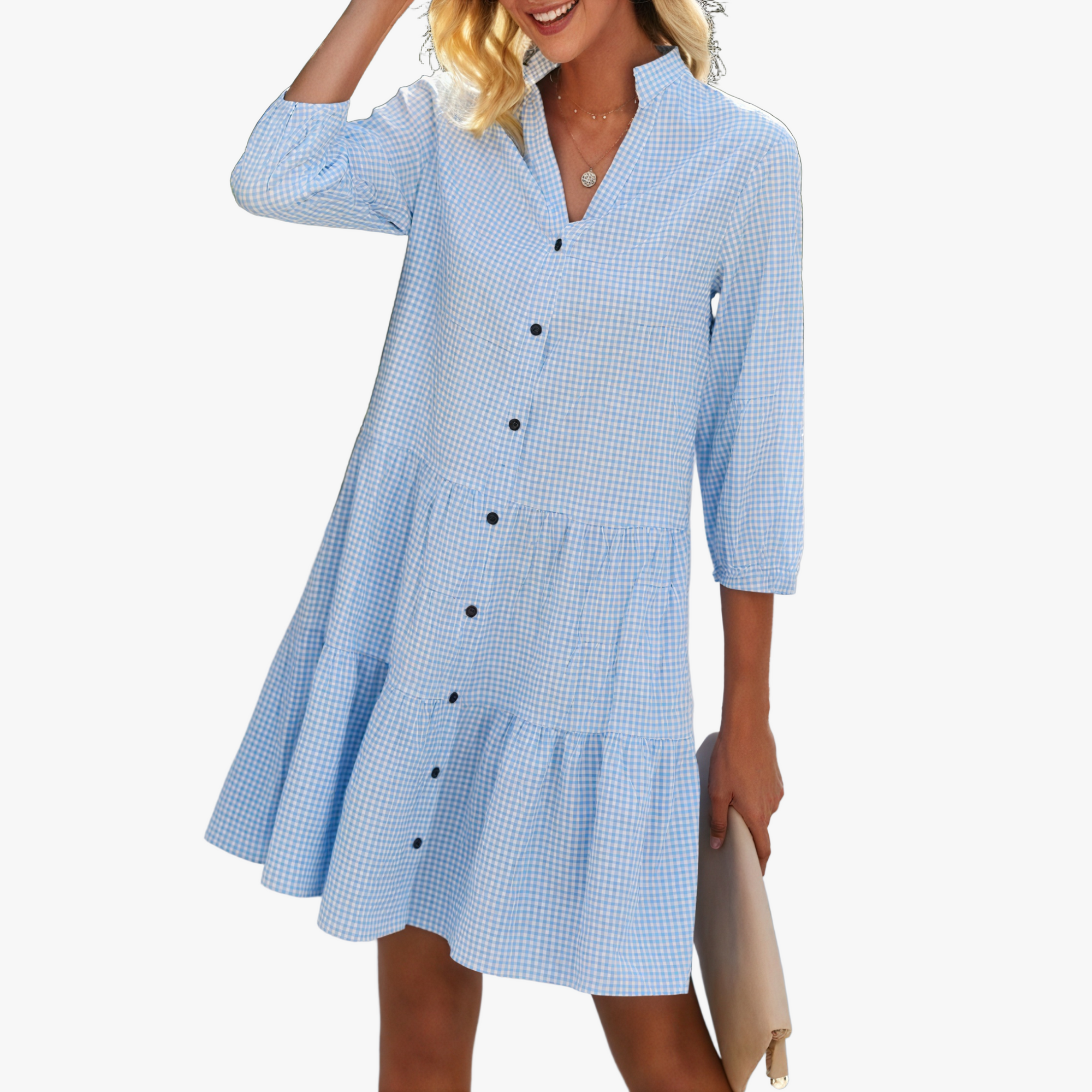 Gingham Kjole med V-Hals og Knapper