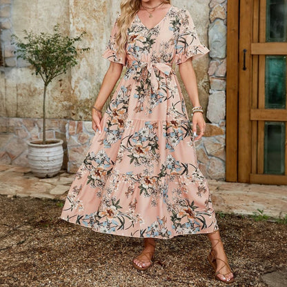 Romantisk Kjole med Blomsterprint og V-Hals