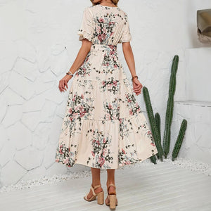 Romantisk Kjole med Blomsterprint og V-Hals