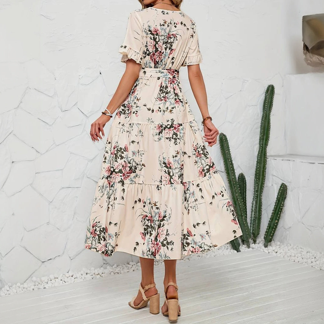 Romantisk Kjole med Blomsterprint og V-Hals