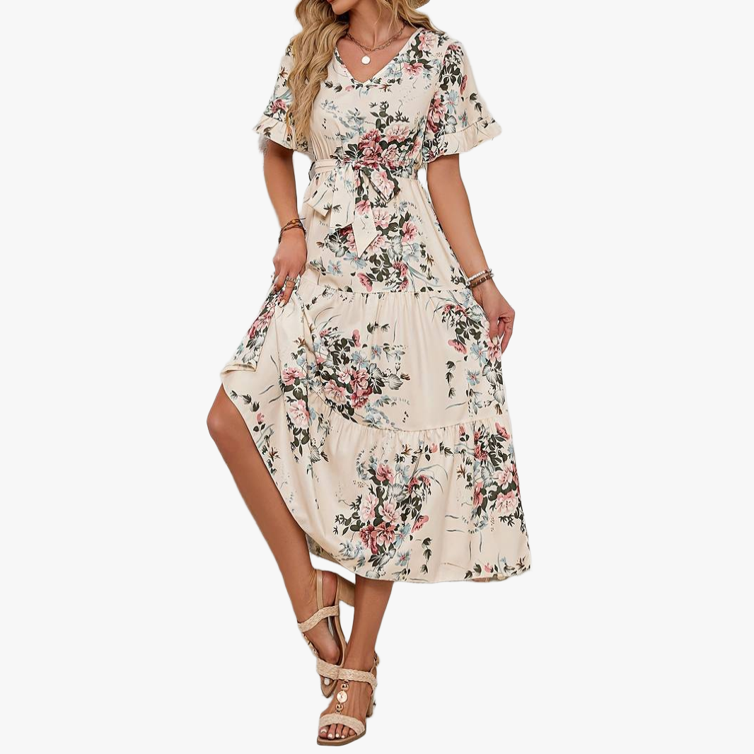 Romantisk Kjole med Blomsterprint og V-Hals