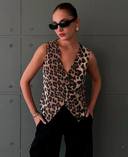 Leopard Vest med V-udskæring og Knapper