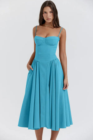 Dame Kjole – Midi, Struktureret Overdel, Plisseret Skørt, Spaghettistropper, Lommer, Elegant Stil-83506-6650dd20-76b6-4767-97f2-8c55dc404559