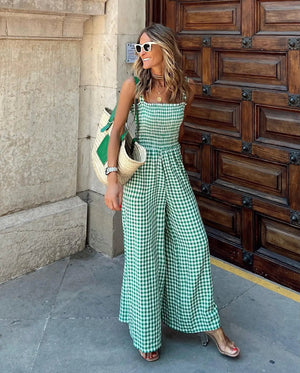 Gingham Jumpsuit med Smock og Brede Ben