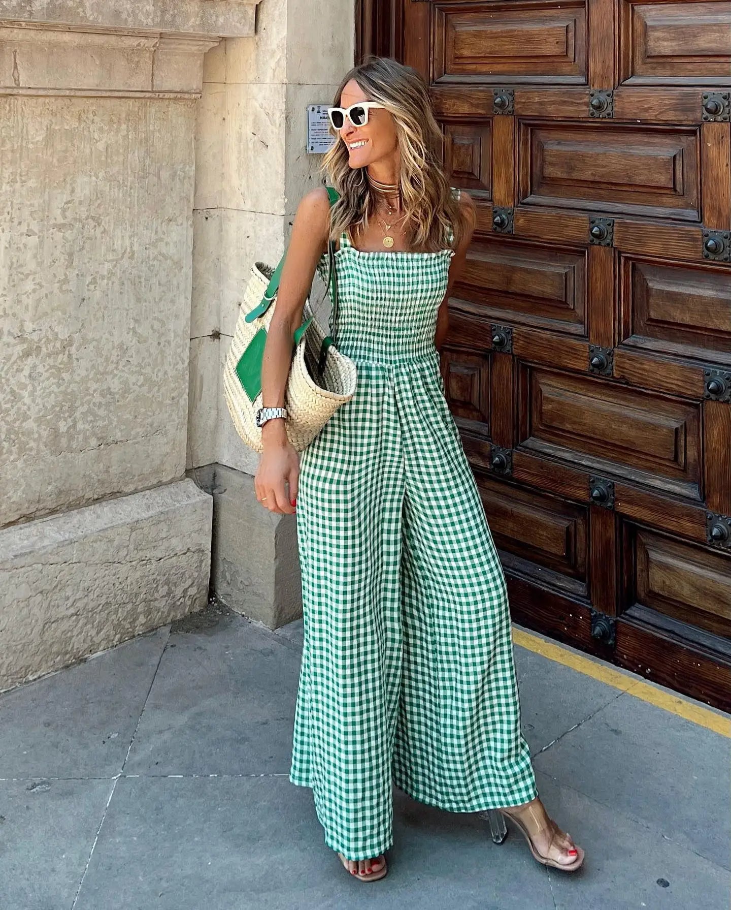Gingham Jumpsuit med Smock og Brede Ben
