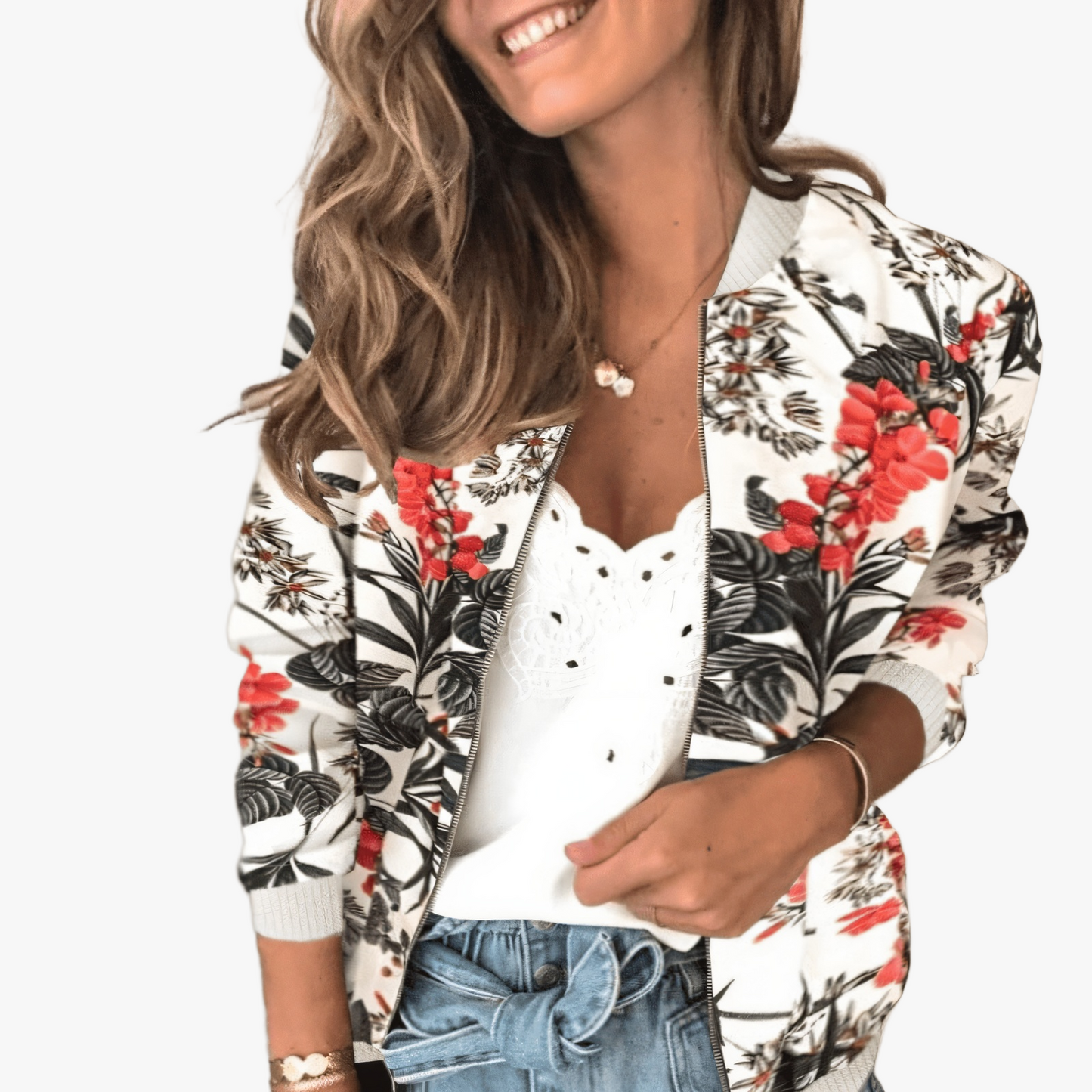 Stilfuld bomberjakke med blomstermotiv
