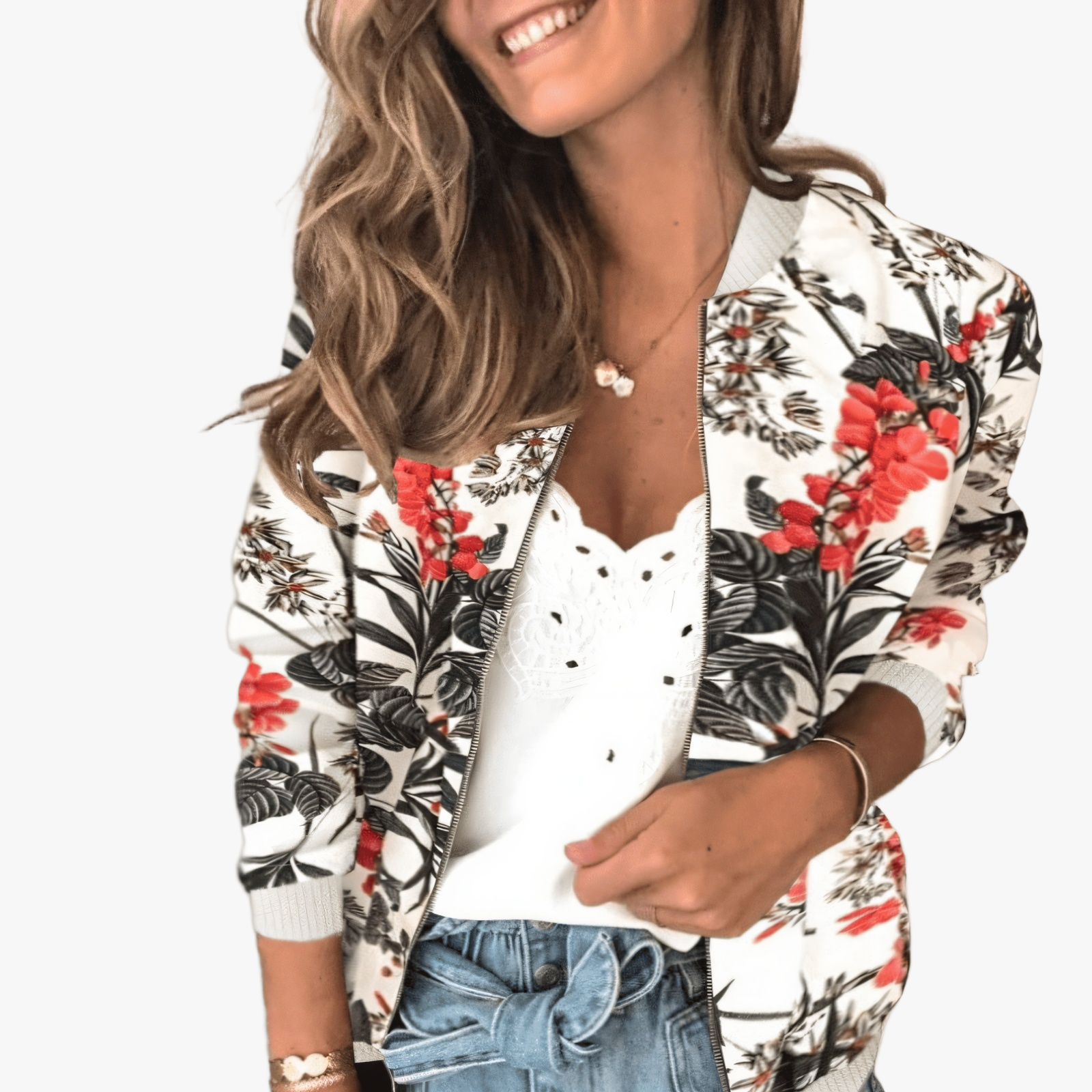 Stilfuld bomberjakke med blomstermotiv