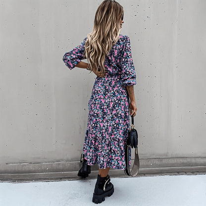 Boheme Kjole med V-Hals og Blomsterprint