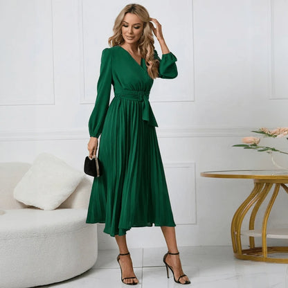 Wrap Kjole med Bindebælte og Plissé Skørt