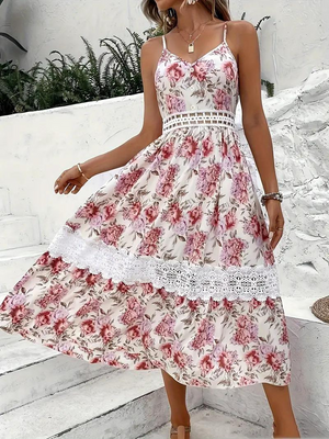 Blomstret Midi Kjole - Blondekant & V-Hals