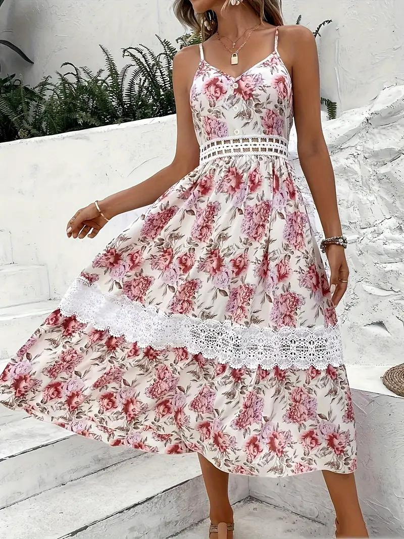Blomstret Midi Kjole - Blondekant & V-Hals