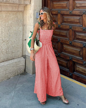 Gingham Jumpsuit med Smock og Brede Ben