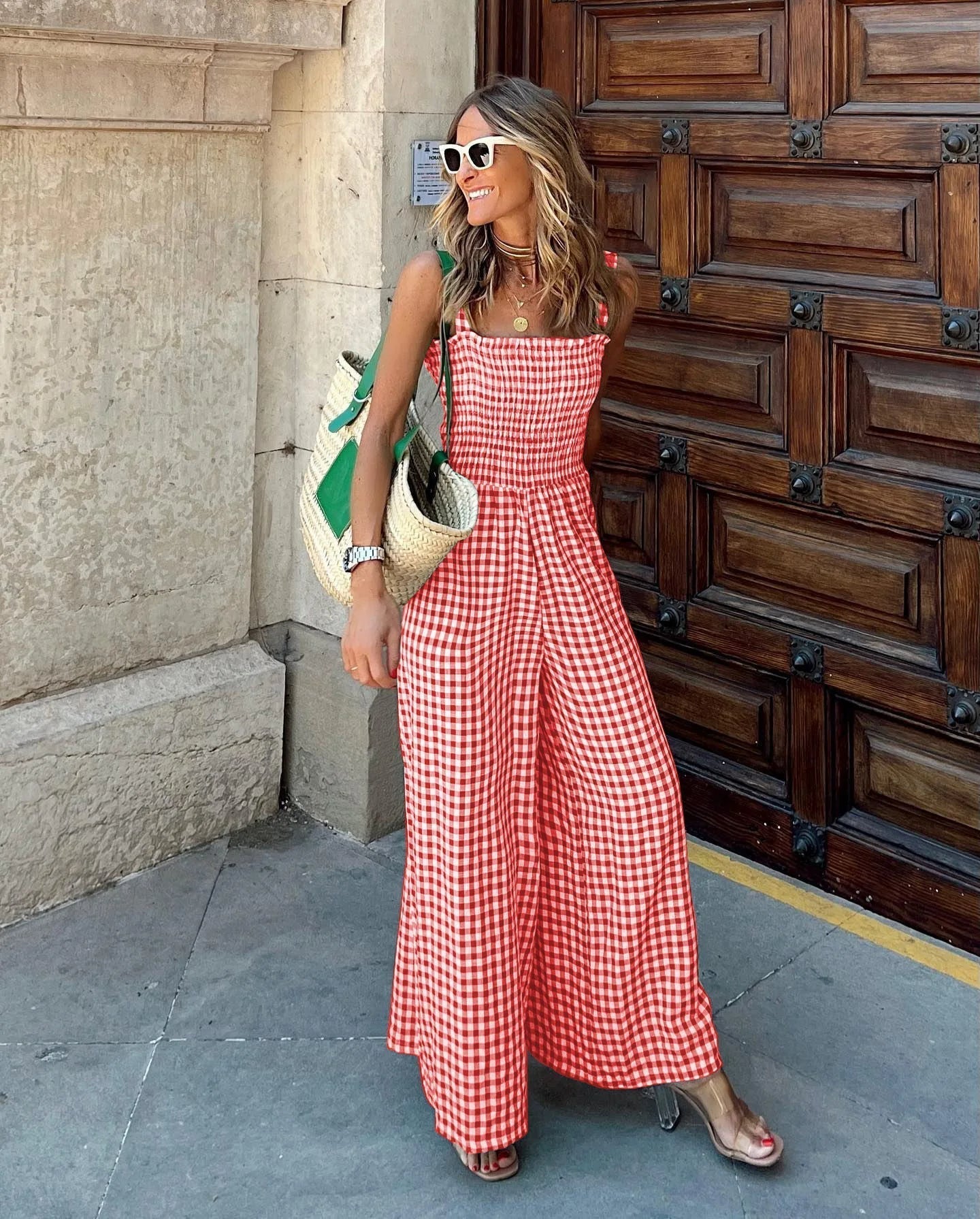 Gingham Jumpsuit med Smock og Brede Ben