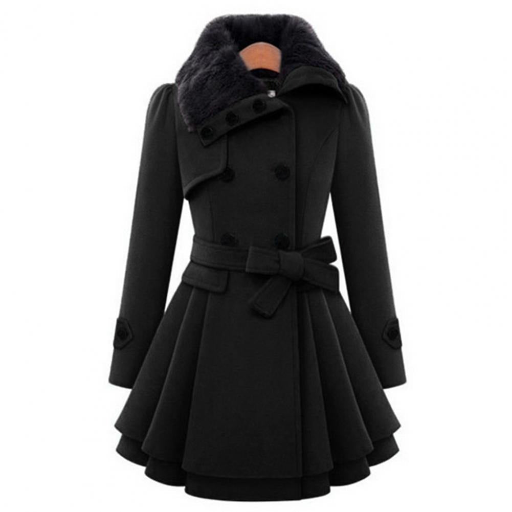 Kvinder Frakke – Dobbeltradet, Faux Fur Krave, Flared Skirt, Med Bælte-82347-6a4a9819-bc05-4bf3-a09d-739589593ca9
