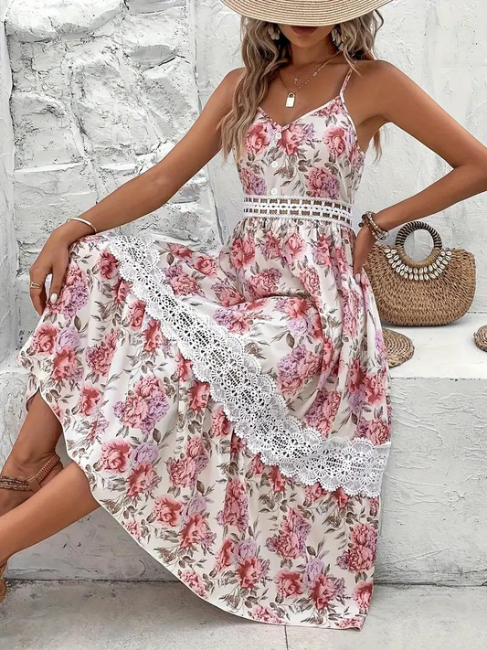 Blomstret Midi Kjole - Blondekant & V-Hals