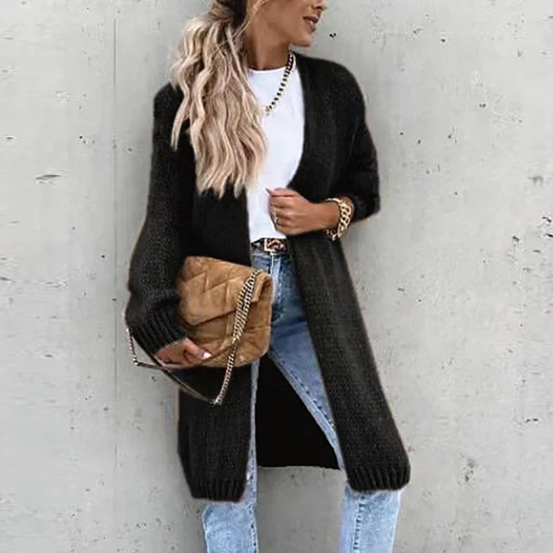 Dame Cardigan – Langline, Åben Front, Ribstrikket, Afslappet Stil-74479-6e459ae3-77a4-4f1b-a1fa-ea2bf703dc86