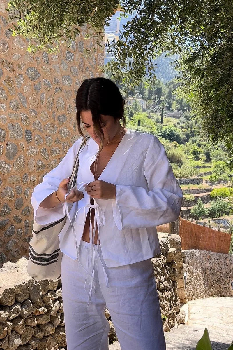 Dame To-Delt Sæt Hør – Langærmet Top med Bindebånd & Shorts Elastik Talje, Afslappet-83296-7128b82b-2f99-4a39-bce2-a5e979173fc8