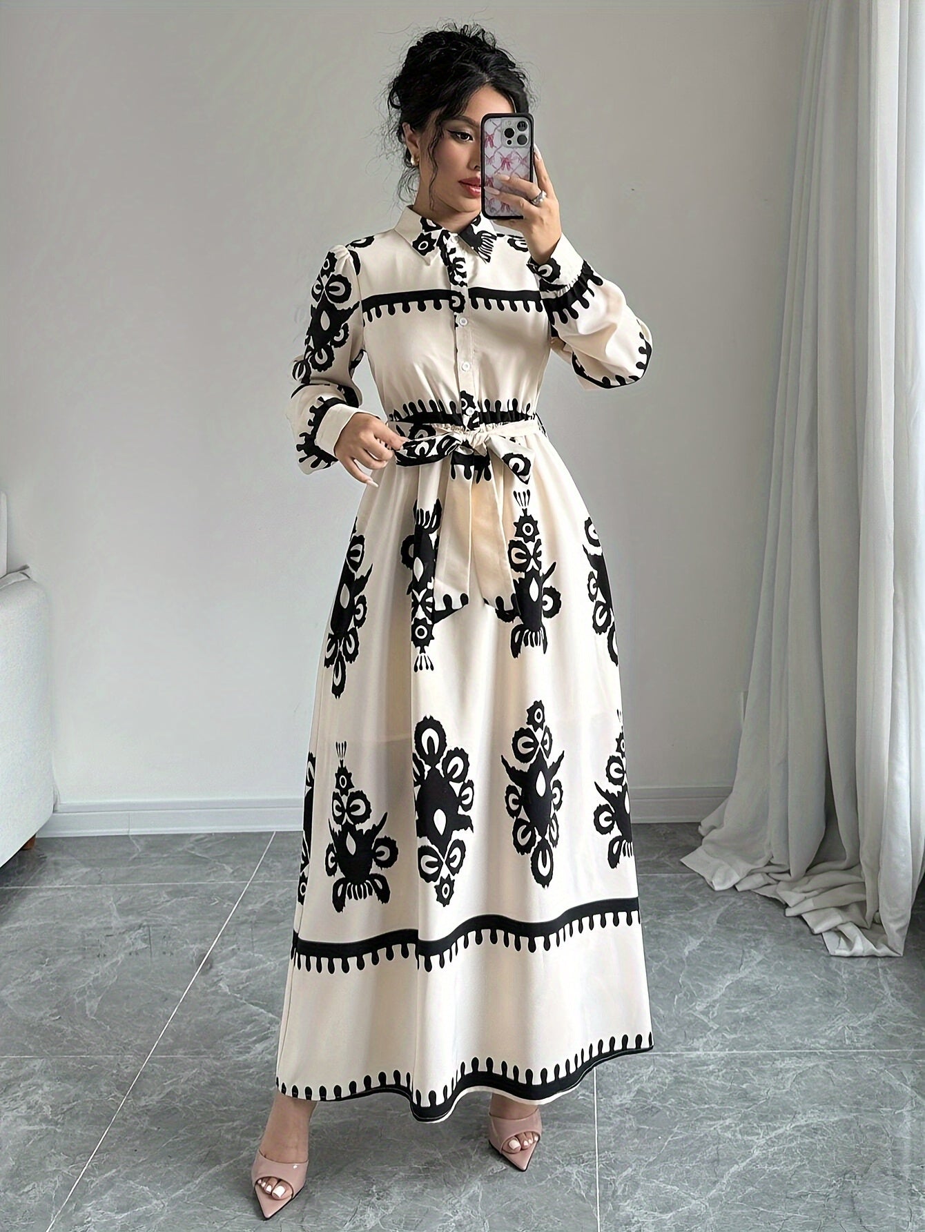 Dame Langærmet Kjole – Trykt Design, Bindebånd, Elegant Stil-83357-71fffb70-7c6d-4d5b-a69e-33e8ab6b0ee1