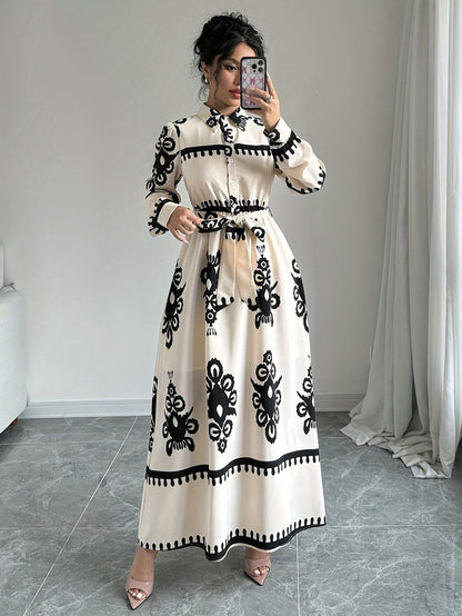 Dame Langærmet Kjole – Trykt Design, Bindebånd, Elegant Stil-83357-71fffb70-7c6d-4d5b-a69e-33e8ab6b0ee1