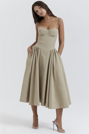 Dame Kjole – Midi, Struktureret Overdel, Plisseret Skørt, Spaghettistropper, Lommer, Elegant Stil-83506-721e3359-e227-4e63-80ee-254ee9d8a66b