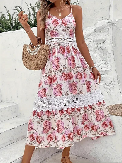 Blomstret Midi Kjole - Blondekant & V-Hals