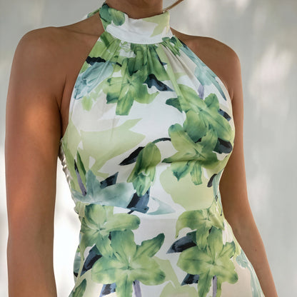 Blomstret Halterneck Maxikjole i Silke