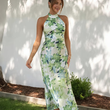 Blomstret Halterneck Maxikjole i Silke
