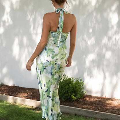 Blomstret Halterneck Maxikjole i Silke