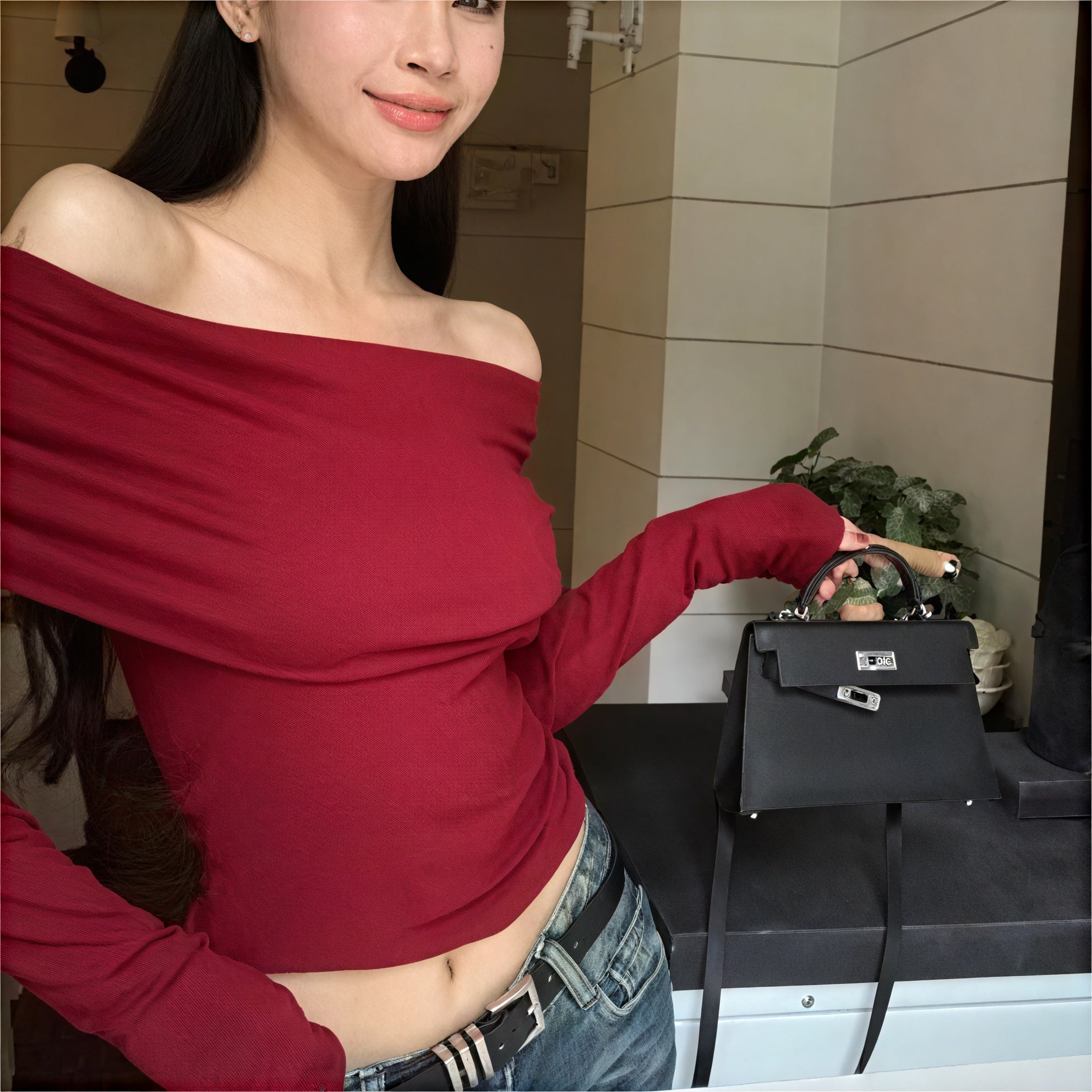 Struktureret Off-Shoulder Top - Rød