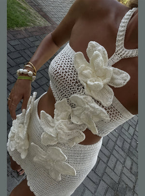Boheme Crochet Mini Kjole med Blomster