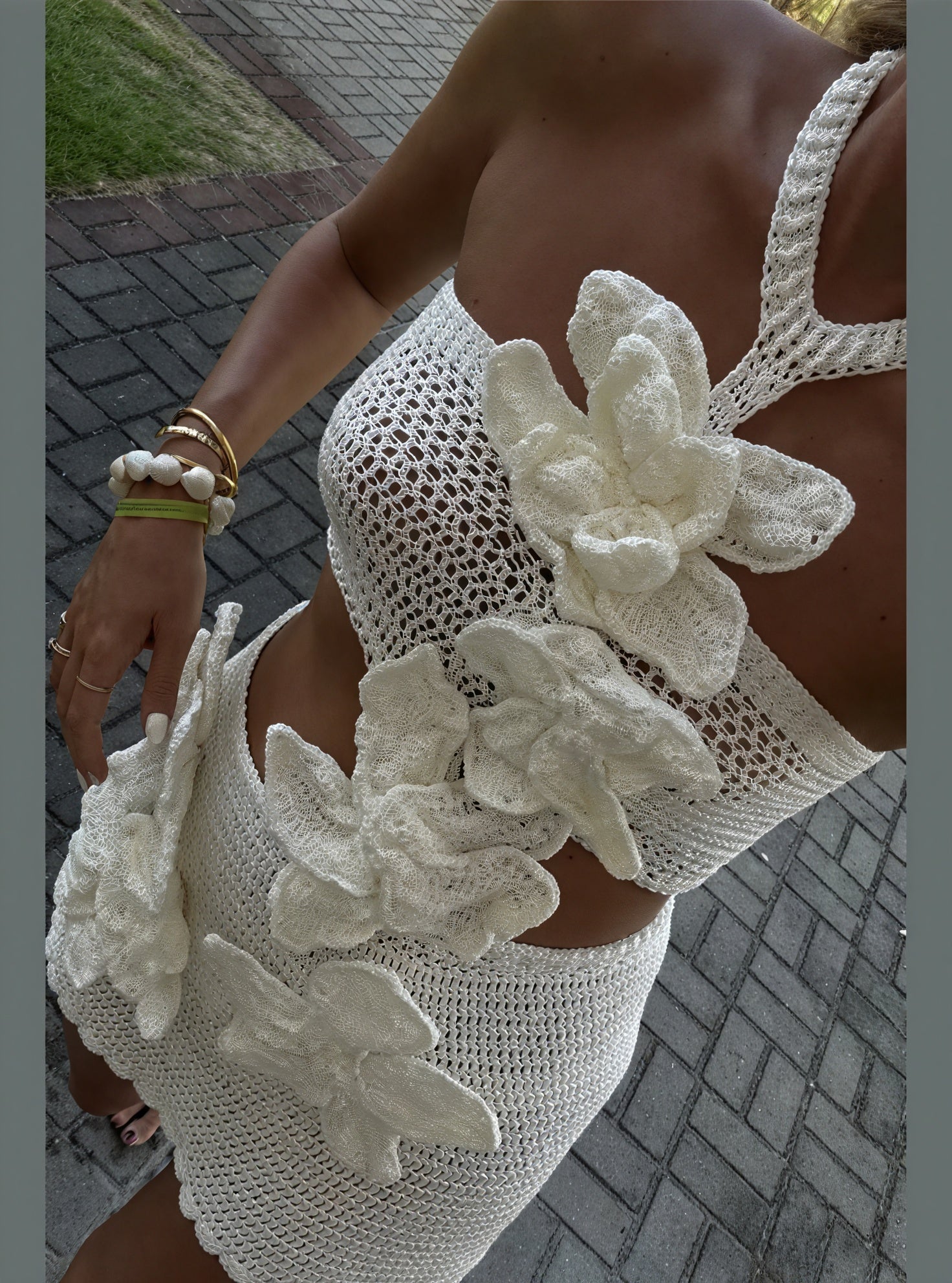 Boheme Crochet Mini Kjole med Blomster