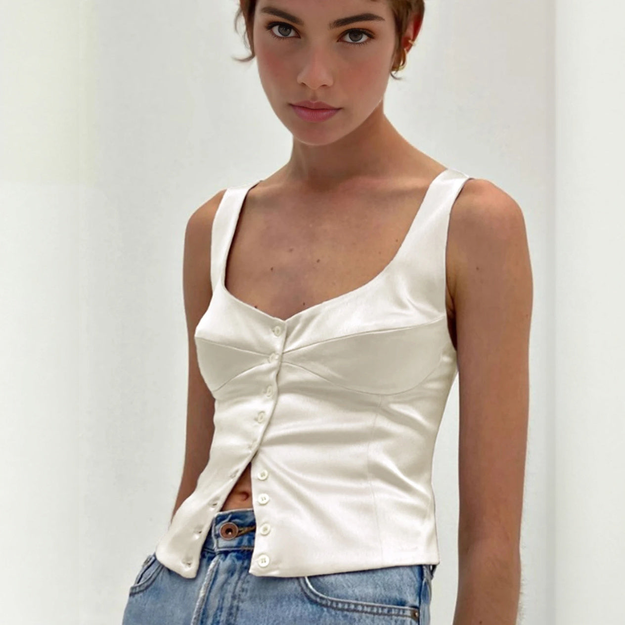 Top m. Knapper & Firkantet Hals - Beige