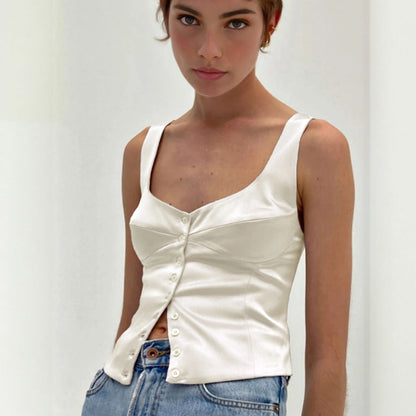 Top m. Knapper & Firkantet Hals - Beige