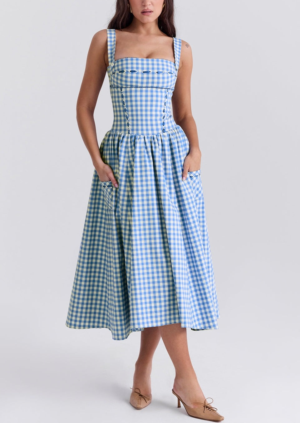 Kvinder Kjole – Gingham Mønster, Firkantet Halsudskæring, Knapper, Klassisk Stil-83592-7759cc05-f110-4f25-b0cc-cc21e971c471