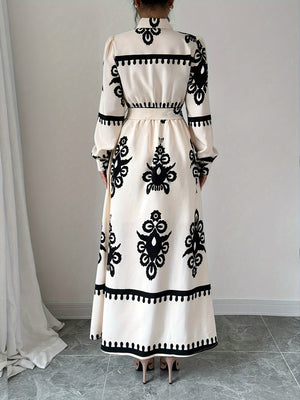 Dame Langærmet Kjole – Trykt Design, Bindebånd, Elegant Stil-83357-791ee83f-6e3d-4ad8-b729-e36b3c0f68cd