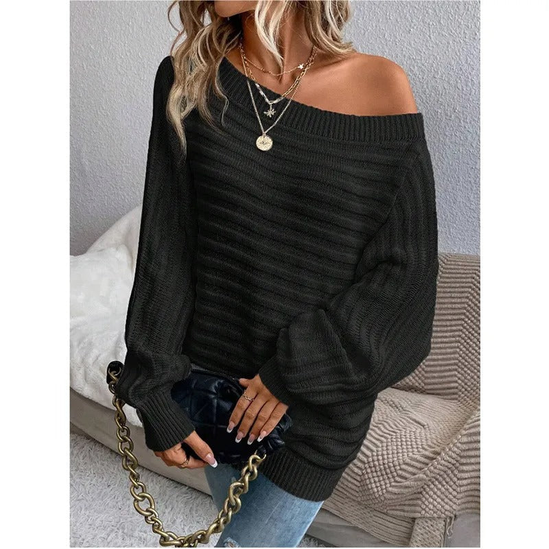 Dame Kjole – Ribstrikket, Off-Shoulder Design med Lange Ærmer-74368-79250a3d-0994-4f43-89e0-b531b5e99870