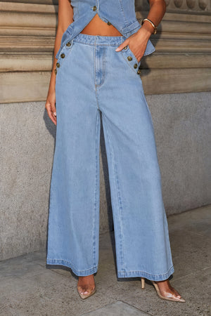 Denim Vest Sæt - Guldfarvede Knapper & Palazzo