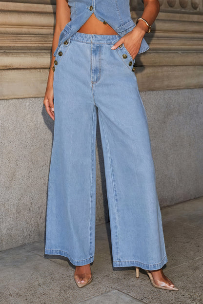 Denim Vest Sæt - Guldfarvede Knapper & Palazzo