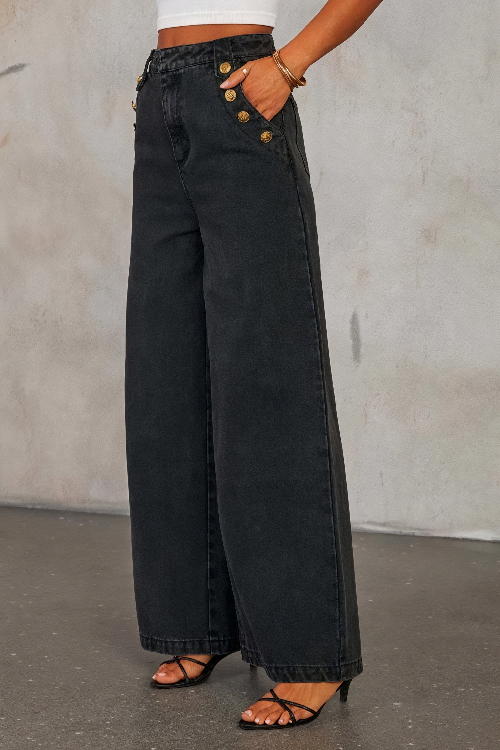 Denim Vest Sæt - Guldfarvede Knapper & Palazzo