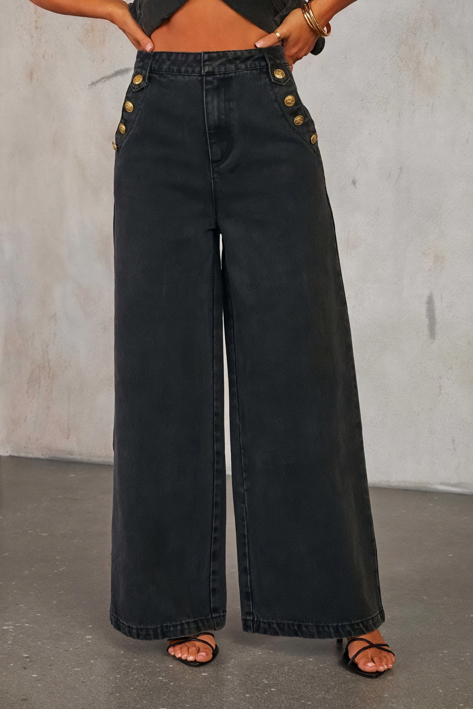 Denim Vest Sæt - Guldfarvede Knapper & Palazzo