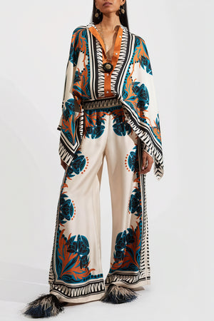 Printet Kimono Sæt med Bred Ben
