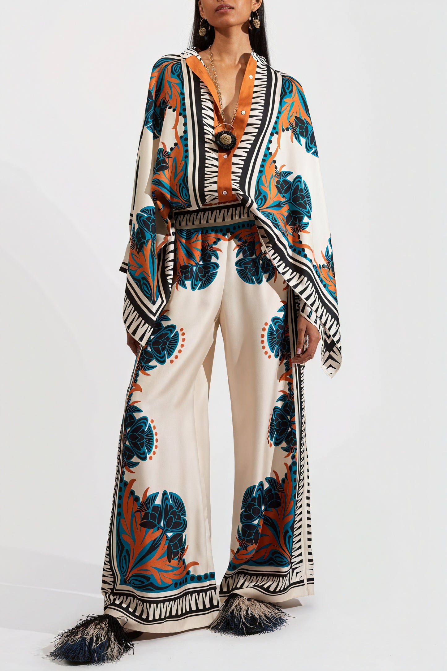 Printet Kimono Sæt med Bred Ben