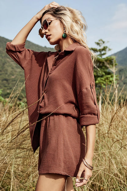 Afslappet Skjorte Shorts Sæt - Højtaljet