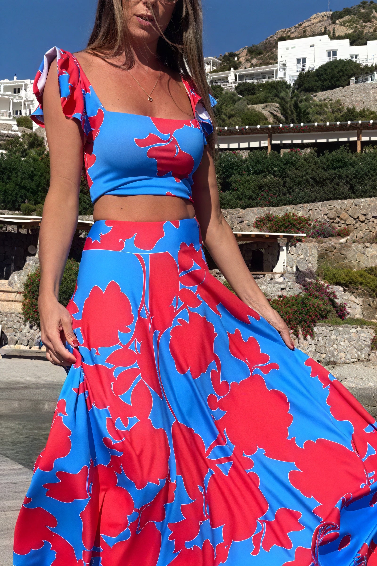 Blomstret Todelt Maxi Kjole med Flæser