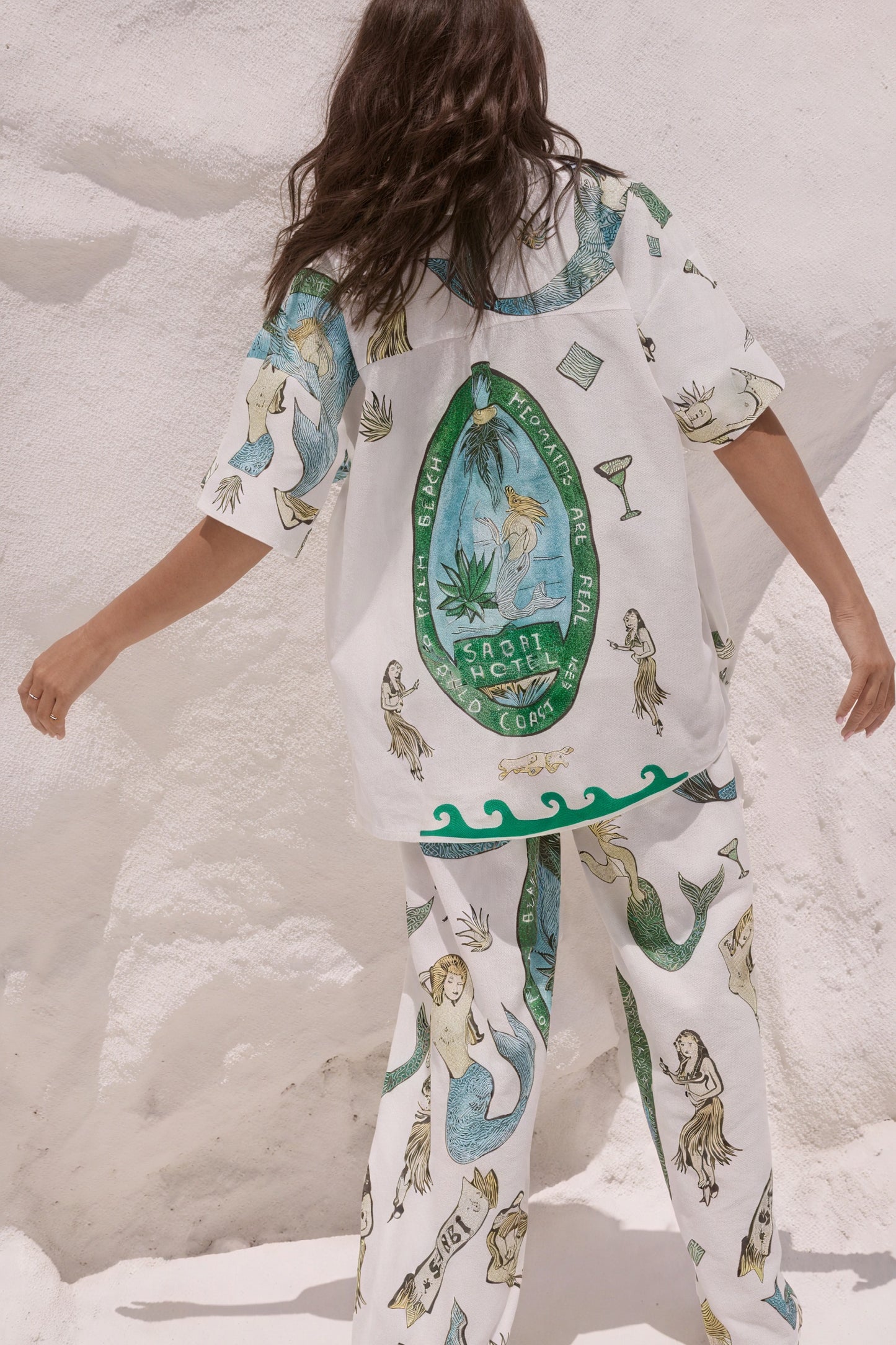 Kvinde Pyjamassæt – Printet Havfrue Design, Knaplukket Skjorte & Bukser-79730-b771e91a-e5f1-4e29-819e-4a47e5a961fc