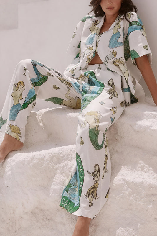 Kvinde Pyjamassæt – Printet Havfrue Design, Knaplukket Skjorte & Bukser-79730-319d0b7d-d683-4f5c-9e07-db9048508601